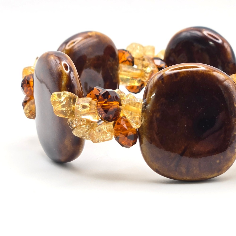 Chunky Brown Ceramic Stretch Bracelet Crackle Glass Accent Beads Polished Boho